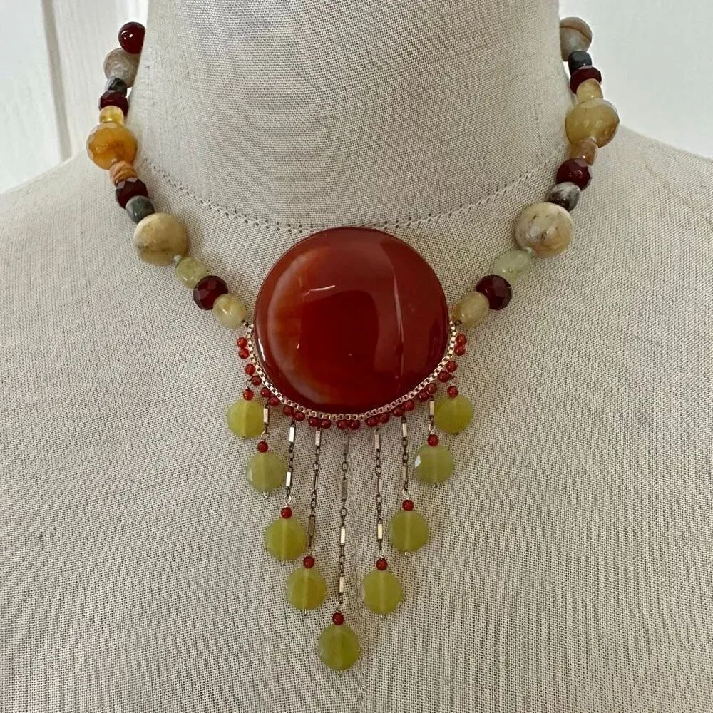 Carnelian & Stone Fringe Statement Necklace